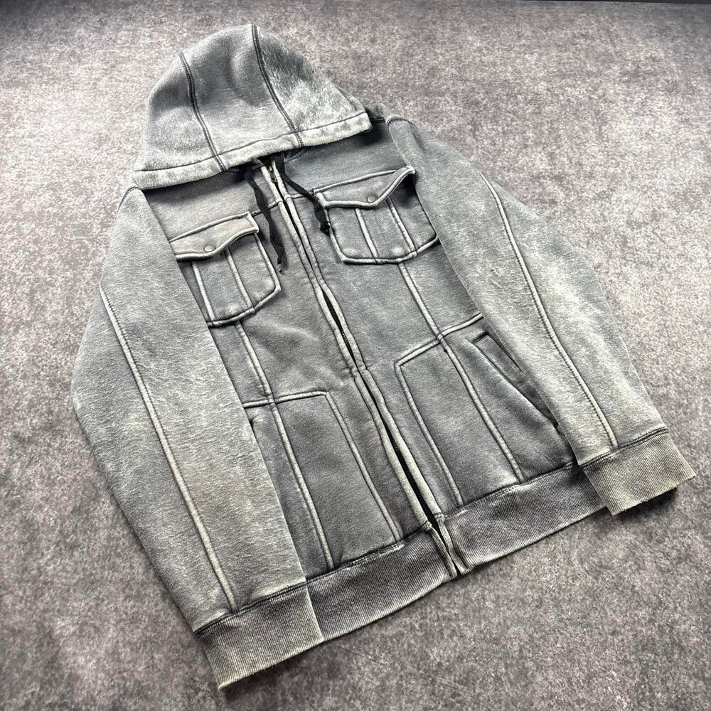 Route 66 Gray Full Zip Hoodie Jacket Acid Wash Fleece Men’s Size S